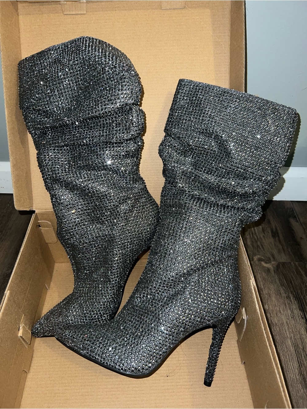 Jessica Simpson Black Glitter Slouch Stiletto Boots